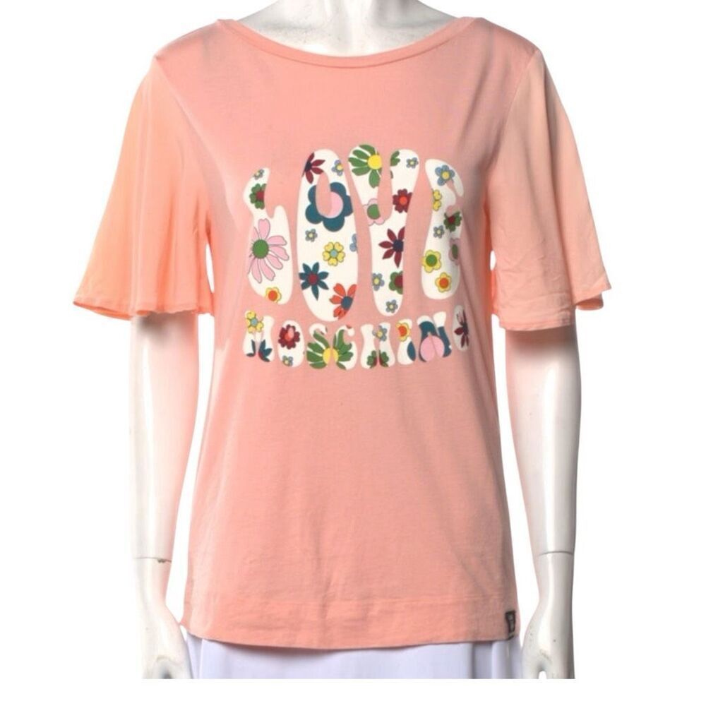 Love Moschino Peach Woman’s Short Sleeve T Shirt 60’s 70’s Floral Print “Love Mo